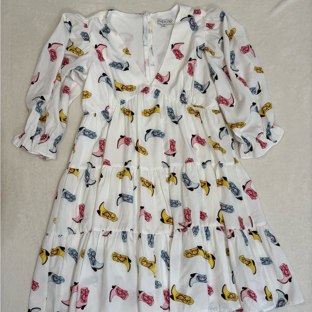 She + Sky White Dress with Colorful Print Nashville Cowgirl flirty fun Size M
